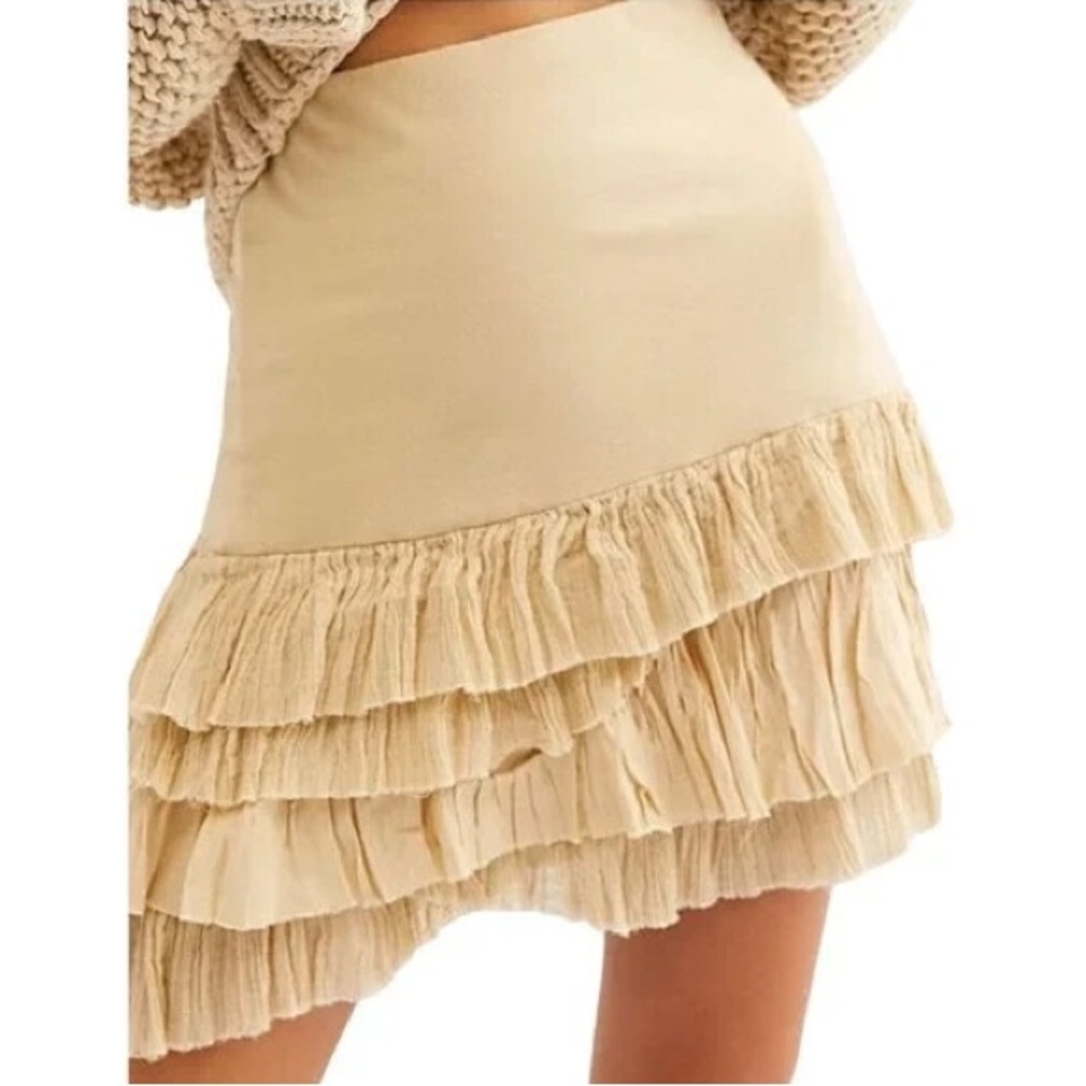 Free People One Maura Ruffle Beige Tiered High Waist Mini Skirt
